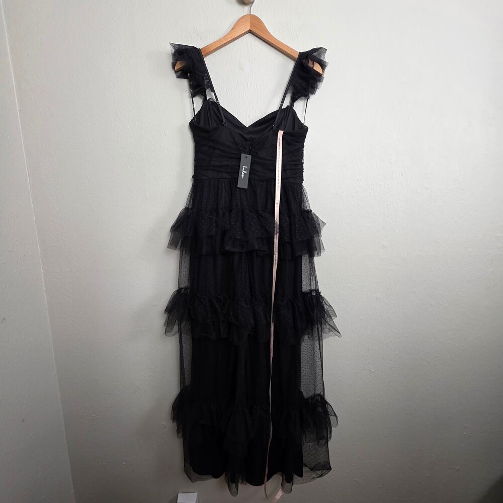 NWT Lulus Pure Radiance Black Mesh Swiss Dot Tiered Maxi Dress Large - Picture 9 of 12